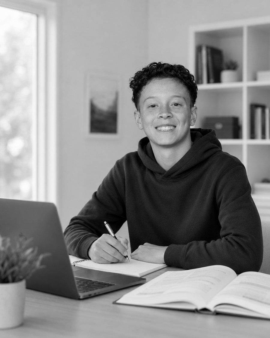 Student studying independently at home with a laptop, notebook and open prep book